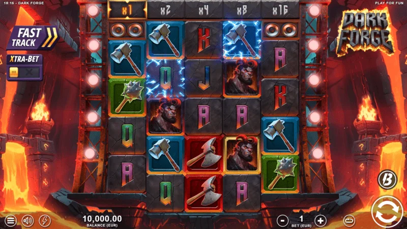 Dark Forge - Hauptspielbildschirm mit einem 4-5-5-5-4 Raster
